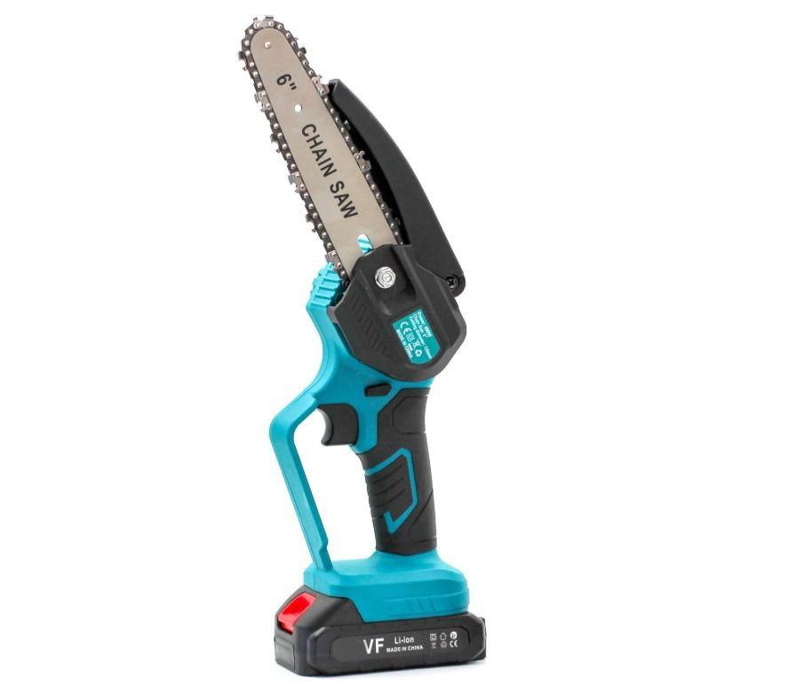 Motosega a batteria con barra e catena, impugnatura blu e nera