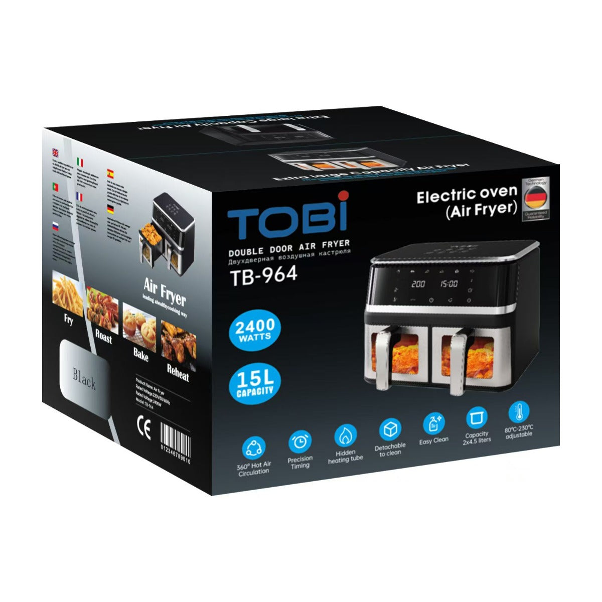 Scatola friggitrice ad aria elettrica Tobi TB-964, 15 L e 2400 W.