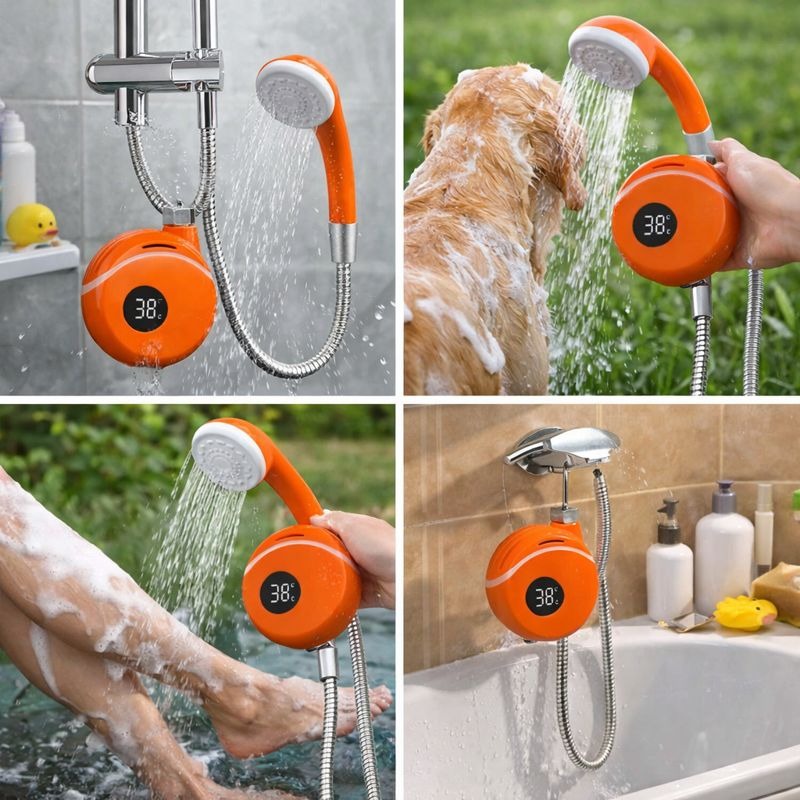 Doccia portatile arancione con tubo e soffione sotto getto d’acqua, display 38