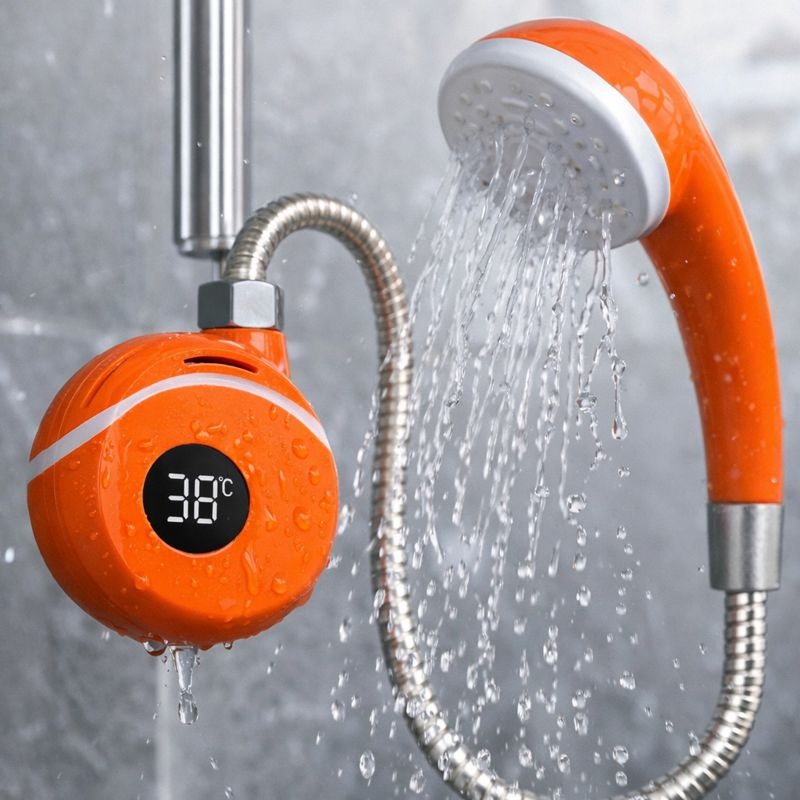 Doccia portatile arancione con soffione grigio e tubo flessibile, acqua in getto, 38°C