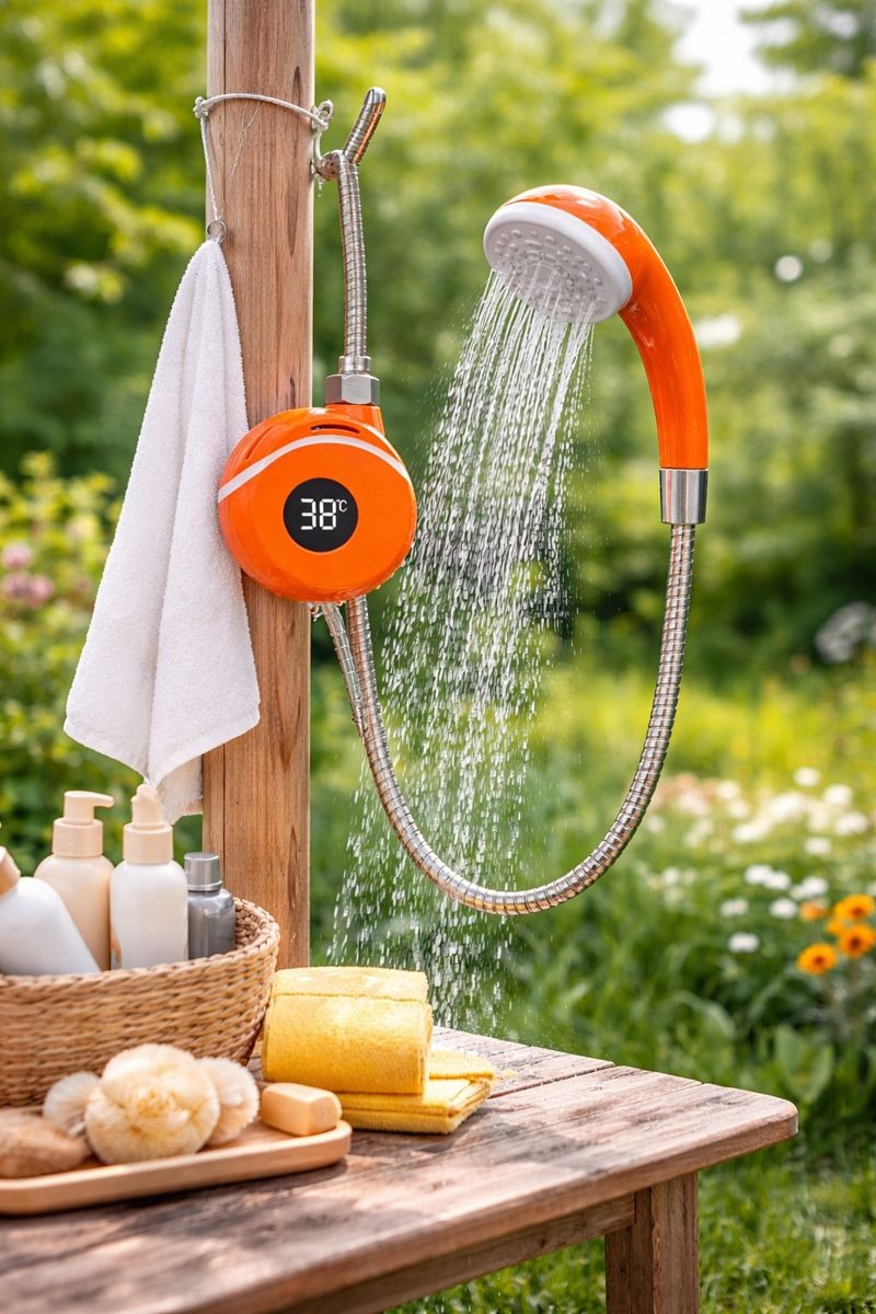 Doccia portatile arancione con tubo flessibile e soffione, getto d’acqua all’aperto, 38°C