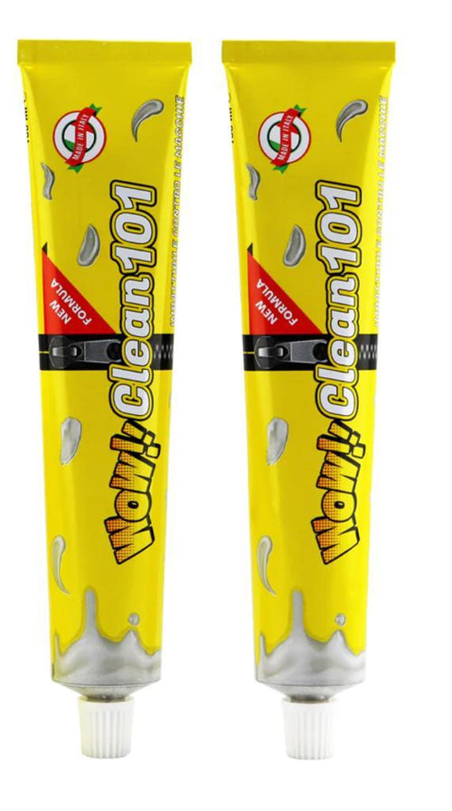 Due tubetti gialli smacchiatore per tessuti con beccuccio bianco