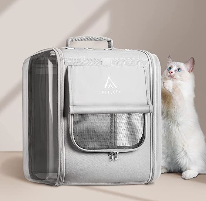 Borsa da viaggio per animali domestici grigio chiaro con finestra in rete e logo