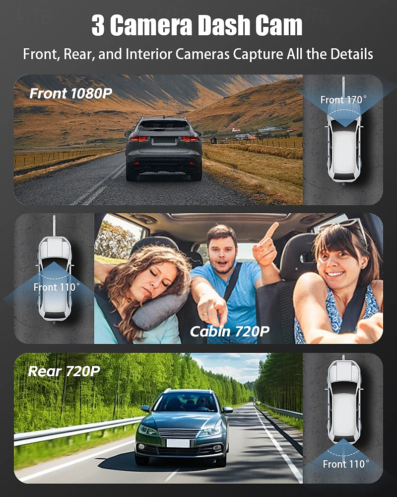 Set dash cam tripla con telecamere anteriore, interna e posteriore, nero