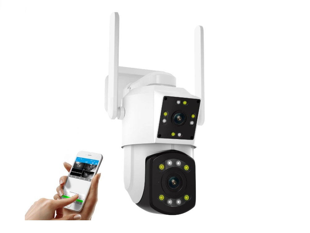 Telecamera di sicurezza WiFi bianca esterna con doppio obiettivo e due antenne.