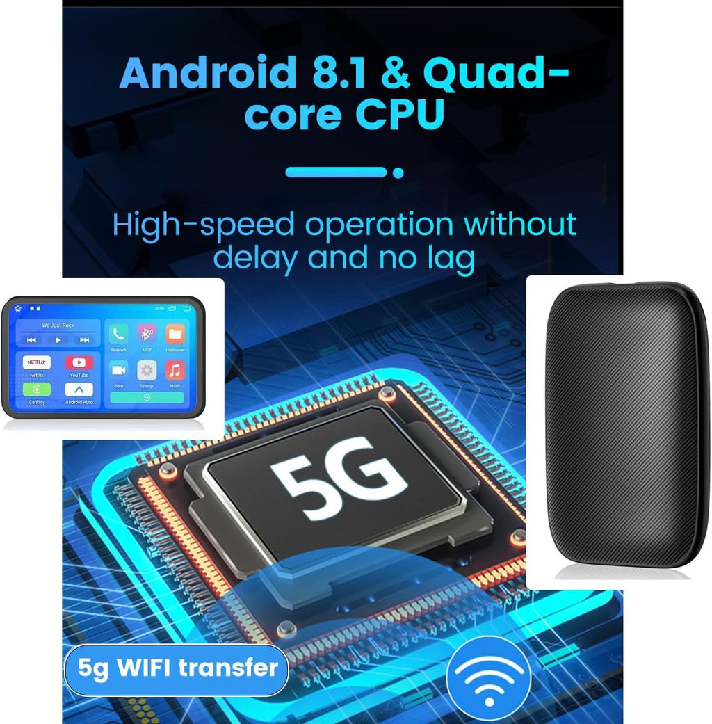 Adattatore CarPlay wireless nero per auto, con indicazione trasferimento 5G