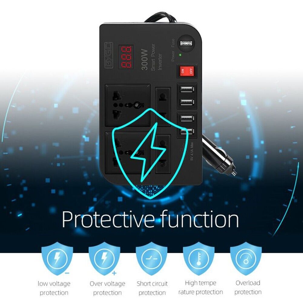 Convertitore auto nero con 4 porte USB e spie LED, simbolo di protezione