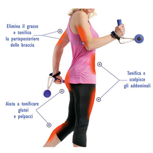 Bilanciere da allenamento con pesi e cinghie, manici bianchi e parti blu