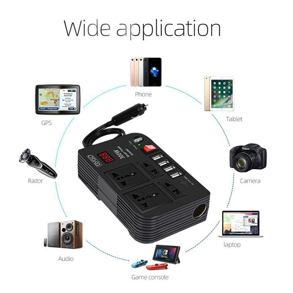 Convertitore auto nero con 4 porte USB e prese, cavo con spina accendisigari